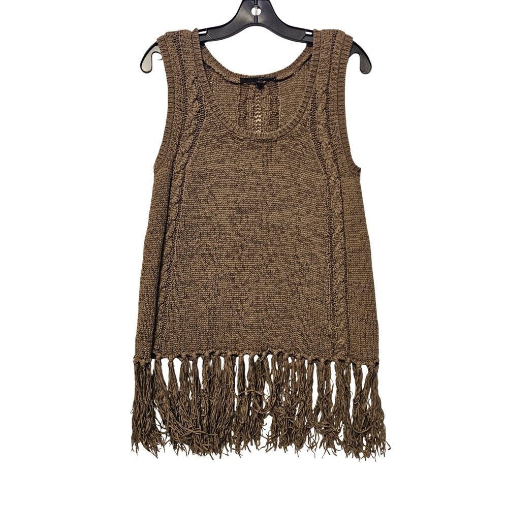 Harve Benard Womens Brown Cable Knit Fringe Sleeveless Sweater Top Large Boho L